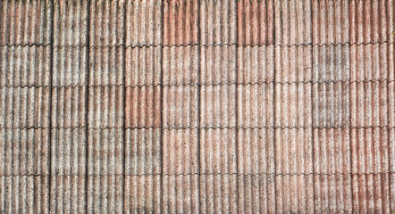 The roof of the old rural house is laid out by rectangular sheets of red slate with a wavy surface. Spots of a mold do a roof spotty and ugly.