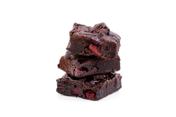 Delicious vegetarian brownie with cherries isolated on white bac