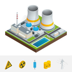 Vector isometric icon, infographic element representing nuclear power station, reactors, power lines and nuclear energy generation related facilities. Industrial landscape.