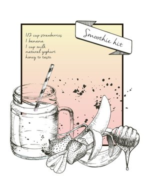 Vector hand drawn illustration of strawberry smoothie recipe. With jar and cocktail tube.