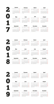 Set of simple calendars in english on 2017, 2018, 2019 years