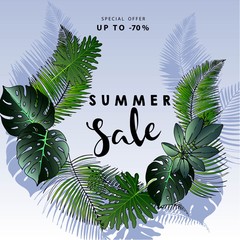 Vector flyer of summer sale. Decorated with trendy exotic plants. Hand drawn art.