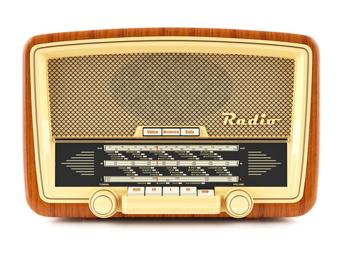 Portable brown retro radio receiver isolated on white background