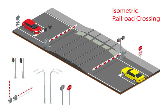 Vector Isometric Illustration Of  Railway Crossing. A Railway Level Crossing, With Barriers Closed And Lights Flashing. 