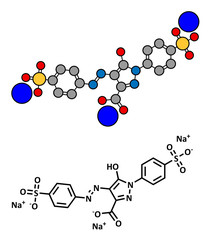 Tartrazine (E102) food dye molecule. Yellow azo dye used in food coloring.