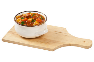 Slow Cooker Beef Stew Isolated on white. Selective focus.