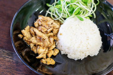 Steamed rice and fried chicken with garlic.