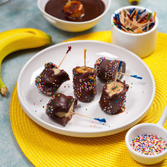 Banana Dessert Chocolate Banana Pops. Selective focus.
