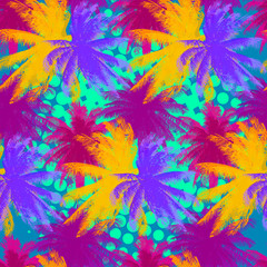 Fototapeta na wymiar tropical pattern depicting pink and purple palm trees with with yellow highlights reflections on a turquoise background