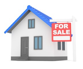 Miniature model of house real estate for sale on white background. 3D rendering.