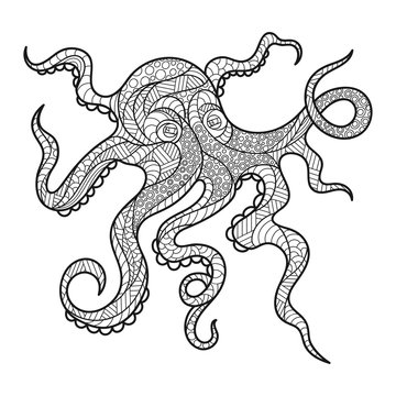 Vector monochrome hand drawn zentagle illustration of octopus.