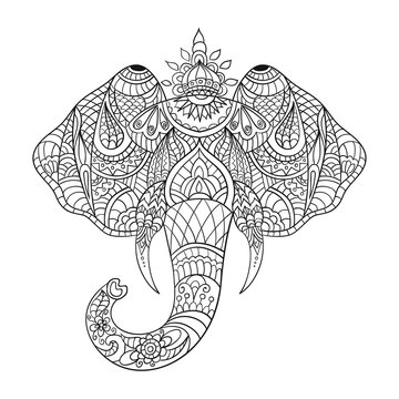 Vector monochrome hand drawn zentagle illustration an elephant head