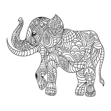 Vector monochrome hand drawn zentagle illustration of an elephant