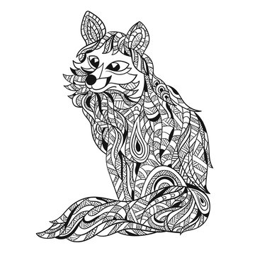 Vector monochrome hand drawn zentagle illustration of fox.