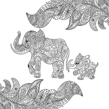 Vector monochrome hand drawn zentagle illustration of an elephant
