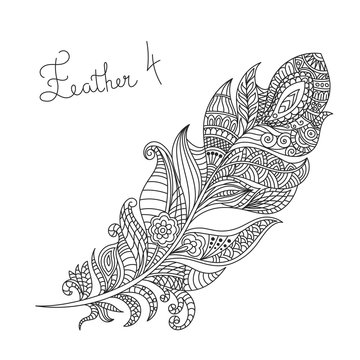 Vector monochrome hand drawn zentagle illustration of feather. 