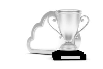 Isoalted silver cup with cloud on white background.  Concept of cloud storage competition. Leader cloud drive. Best storage contest. 3D rendering.