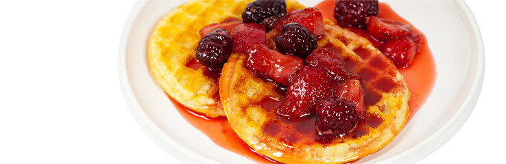 Waffles with Fresh Strawberry Syrup Isolated on white. Panoramic image. Selective focus.