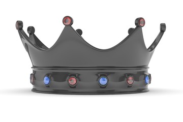 Black royal crown with blue and red gems on white. 3D rendering.