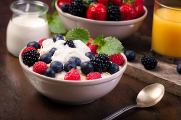 Healthy breakfast and berries with yoghurt.