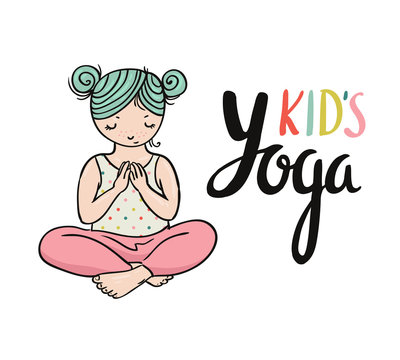 Kid yoga logo. Gymnastics for children. Healthy lifestyle poster. Vector illustration.