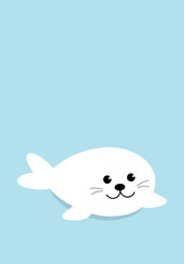 A Cute Baby Seal Pup cartoon character on blue background. Harp seal pup invitation card in 5x7 dimension. Flat design Vector illustration.