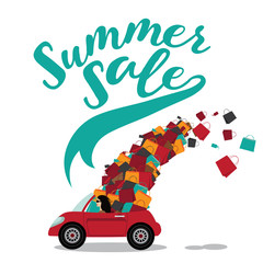 
Summer Sale woman driving convertible overloaded with shopping bags.
