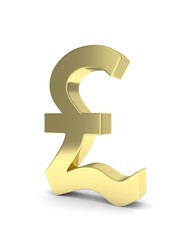 Isolated golden pound sign on white background. British currency. Concept of investment, european market, savings. Power, luxury and wealth. Great Britain, Nothern Ireland. 3D rendering.