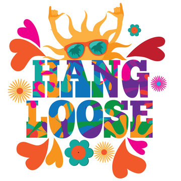 Hang loose 1960s mod pop art psychedelic sun giving the shaka surf hand sign design. EPS 10 vector.