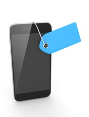 Smart phone with blue price tag on white background. Identification, price, label. 3D rendering.