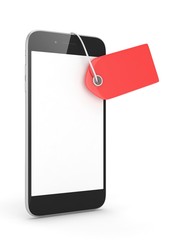 Smart phone with red price tag on white background. Identification, price, label. 3D rendering.