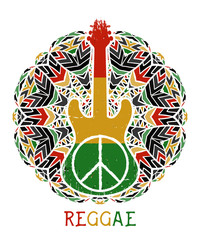 Naklejka premium Peace symbol and guitar on ornate mandala background. Jamaica theme. Design concept in reggae colors for banner, card, t-shirt, bag, print, poster. Vector illustration