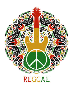 Peace symbol and guitar on ornate mandala background. Jamaica theme. Design concept in reggae colors for banner, card, t-shirt, bag, print, poster. Vector illustration