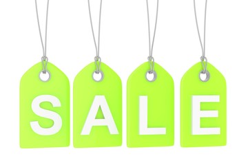 Green isolated sale labels on white background. Price tags. Special offer and promotion. Store discount. Shopping time. 3D rendering.
