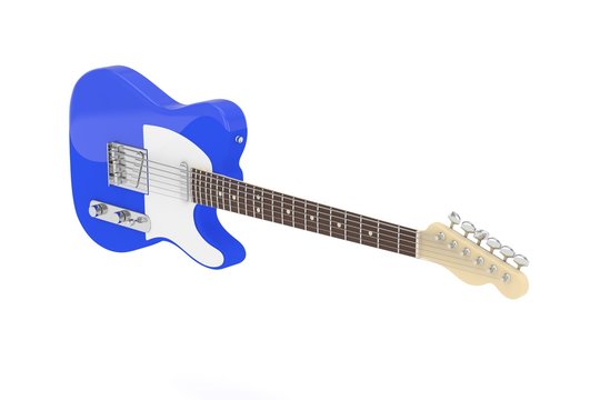 Isolated blue electric guitar on white background. Concert and studio equipment. Musical instrument. Rock, blues style. 3D rendering.