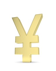 Isolated golden yen yuan sign on white background. Chinese japanese currency. Concept of investment, asian market, savings. Power, luxury and wealth. 3D rendering.