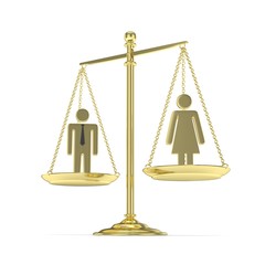 Isolated old fashioned golden pan scale with man and woman on white background. Gender inequality. Equality of sexes. Law issues. Silver model. 3D rendering.