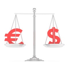 Isolated silver scales with red dollar and euro currency. American and european finance. Measuring of market stability. 3D rendering.