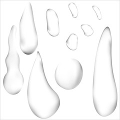 Pure clear water drops or raindrops realistic set isolated. vector 3d illustration. transparent.