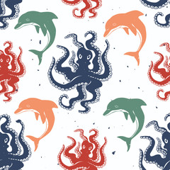 Octopus and dolphin seamless pattern. Handmade inky ornament, red,green and blue colors. Vector surface design.