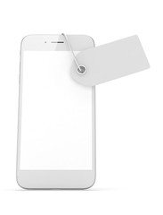 White smart phone with white price tag on white background. Identification, price, label. 3D rendering.