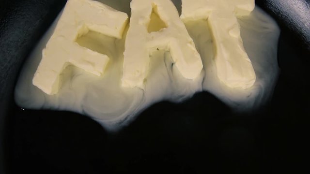 Butter in shape of the word fat melting on hot pan - Close up top view.