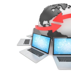 Laptop network around earth globe. 3d rendering.