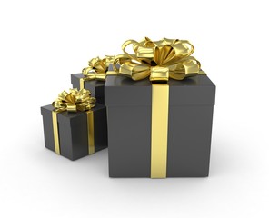 three gift boxes with bows isolated on white. 3d rendering.