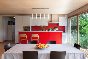Interior, dining table and kitchen