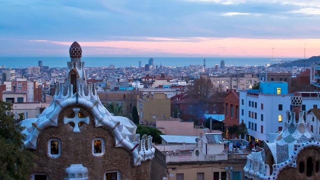 barcelona skyline from park guell day to night timelapse zoom out