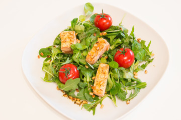 Salad with grilled salmon, green salad and pine nuts on a white plate