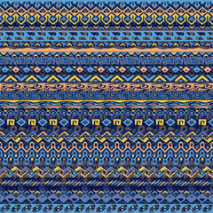 Vector african style pattern with tribal motifs. Bright and elegant ornament with geometric hand drawn decorative stripes for prints, fabrics, backgrounds in blue, yellow and pink colors.