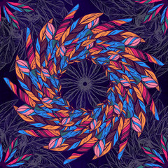 Seamless pattern with feathers. Round kaleidoscope