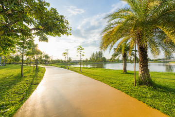 Obraz premium Landscape with yellow jogging track at green park and no people